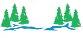 Green pine trees and a blue river with a large white B behind a Bar & Grill.