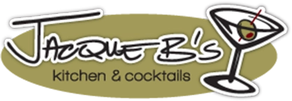Jacque B's Kitchen & Cocktails logo with a martini glass and green olive for this Bar & Grill.